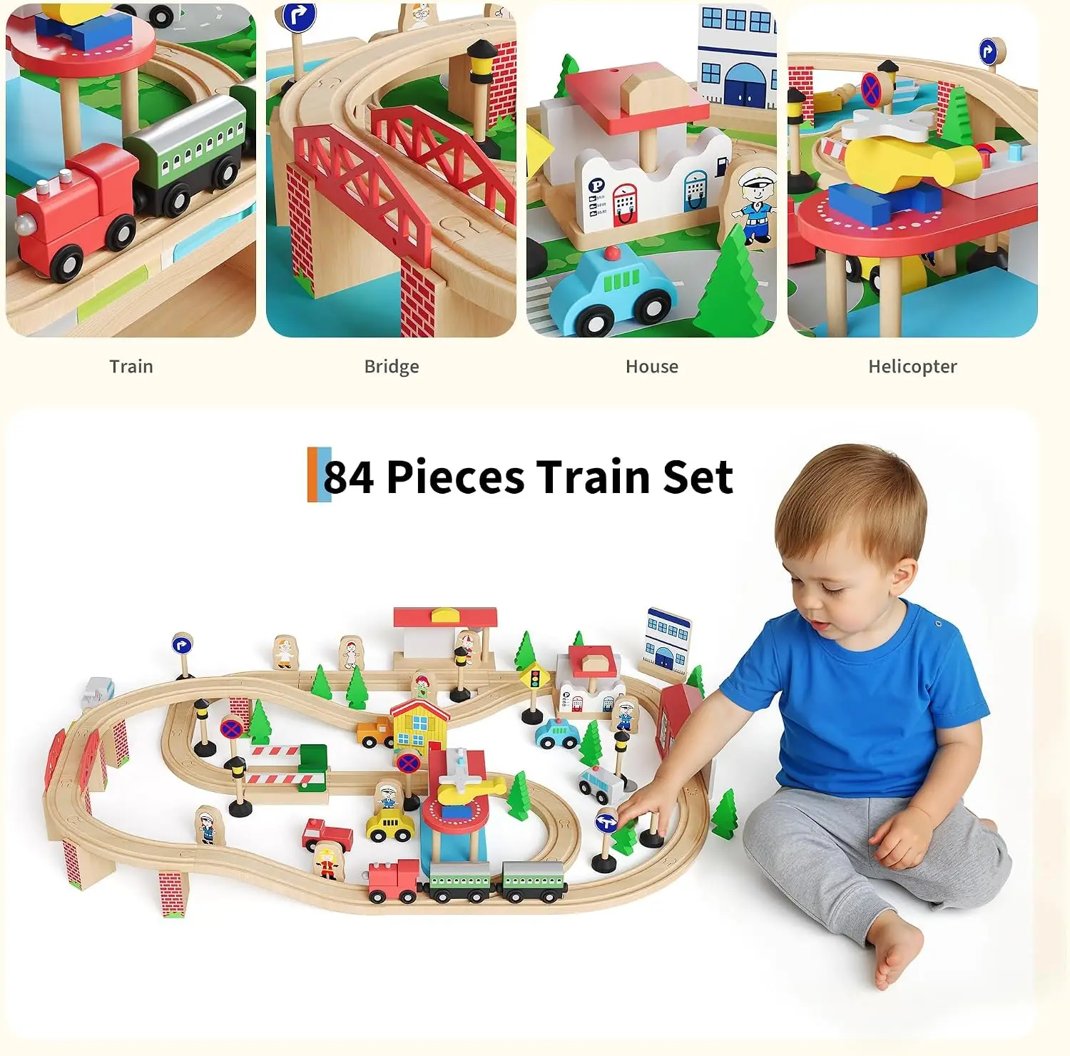 84Pcs/set Wooden Train Table Playset - Image 3